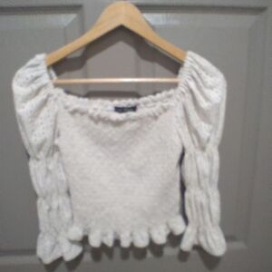 Women's Rouched Cropped Off White Peasant Top Eyelet Sleeves Bohemian Medium